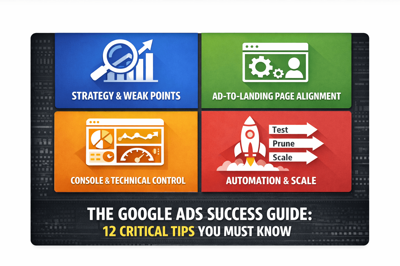Infographic showing four pillars of Google Ads success: Strategy, Alignment, Console, and Automation.
